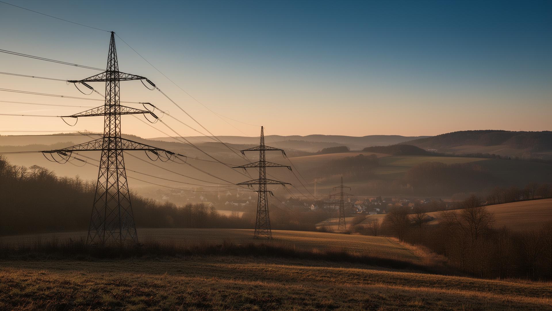 Stromtrasse im Bergischen Land bei Remscheid in der Abendsonne